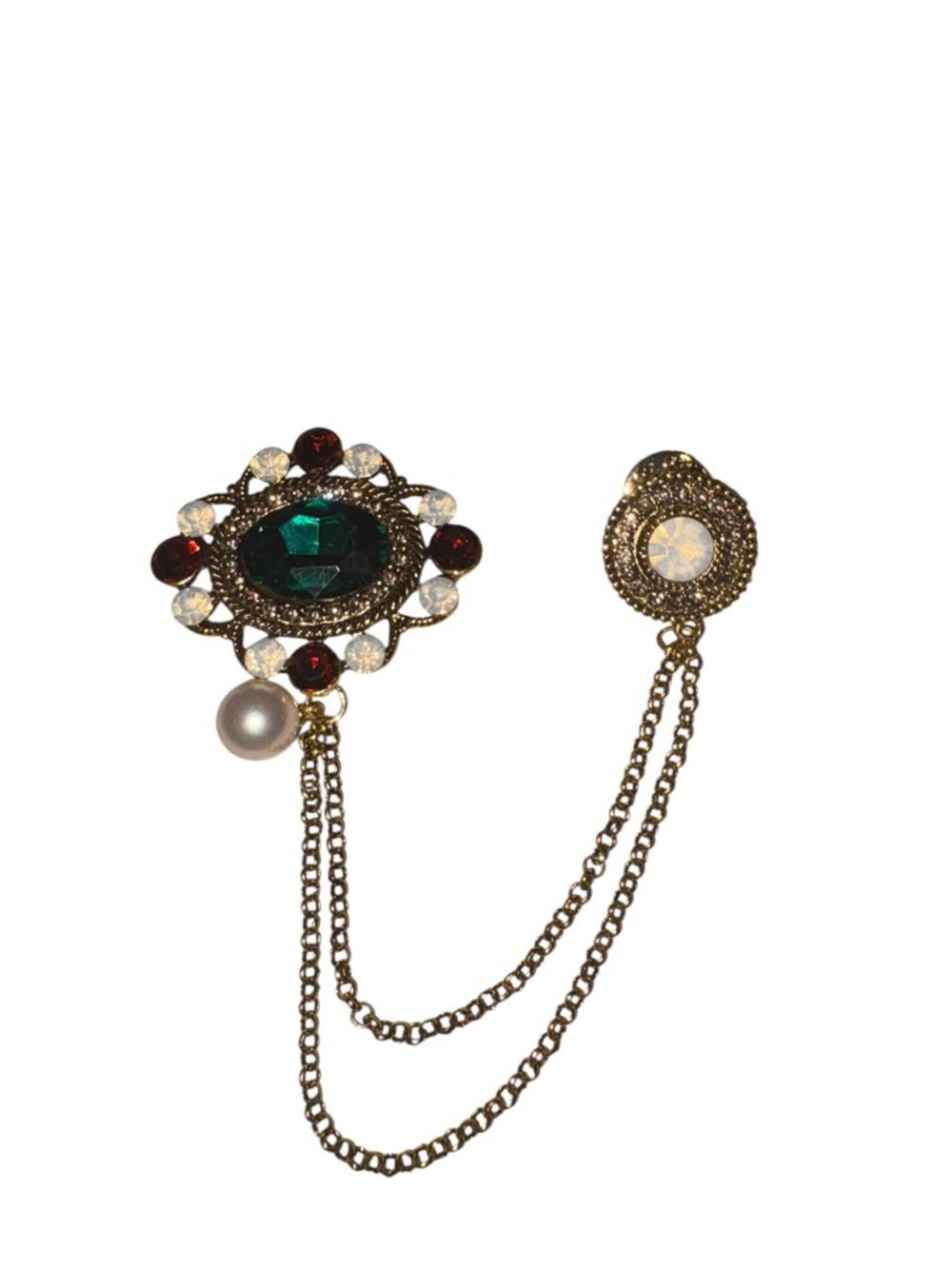 Vintage Double Brooch Chain Green Red Rhinestone Pearl Gold Tone Statement JB6
